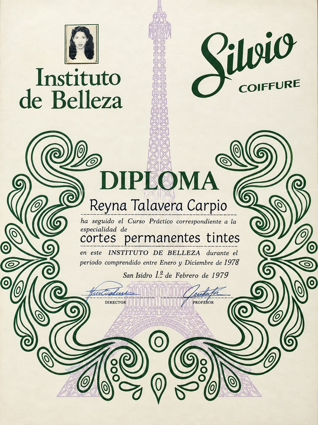 Diploma de Reyna Talavera Carpio, Instituto de Belleza Silvio Coiffure, 1979